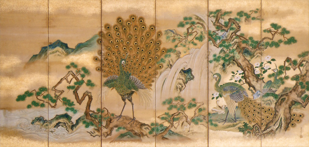 孔雀図屛風　鶴沢探索筆　後桃園天皇御遺品 江戸時代・18世紀